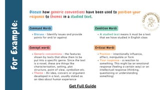 Discuss how generic conventions have been used to position your
response to themes in a studied text.
Discuss - Identify issues and provide
points for and/or against
Generic conventions - the features
shown by texts that allow them to be
put into a specific genre. Since the text
is a novel, these are things like
characterisation, setting, plot
structure, point of view, symbolism etc.
Theme - An idea, concern or argument
developed in a text, usually stated as
an idea about human experience
A studied text means it must be a text
that we have studied in English class
Position - intentionally influence,
affect, manipulate or form
Your response - a reaction to
something. This might be an emotional
response (feeling a certain way) or an
intellectual response (thinking,
questioning or understanding
something)
For
Example:
Command Words
Concept words
Condition Words
Critical Words
Get Full Guide
 