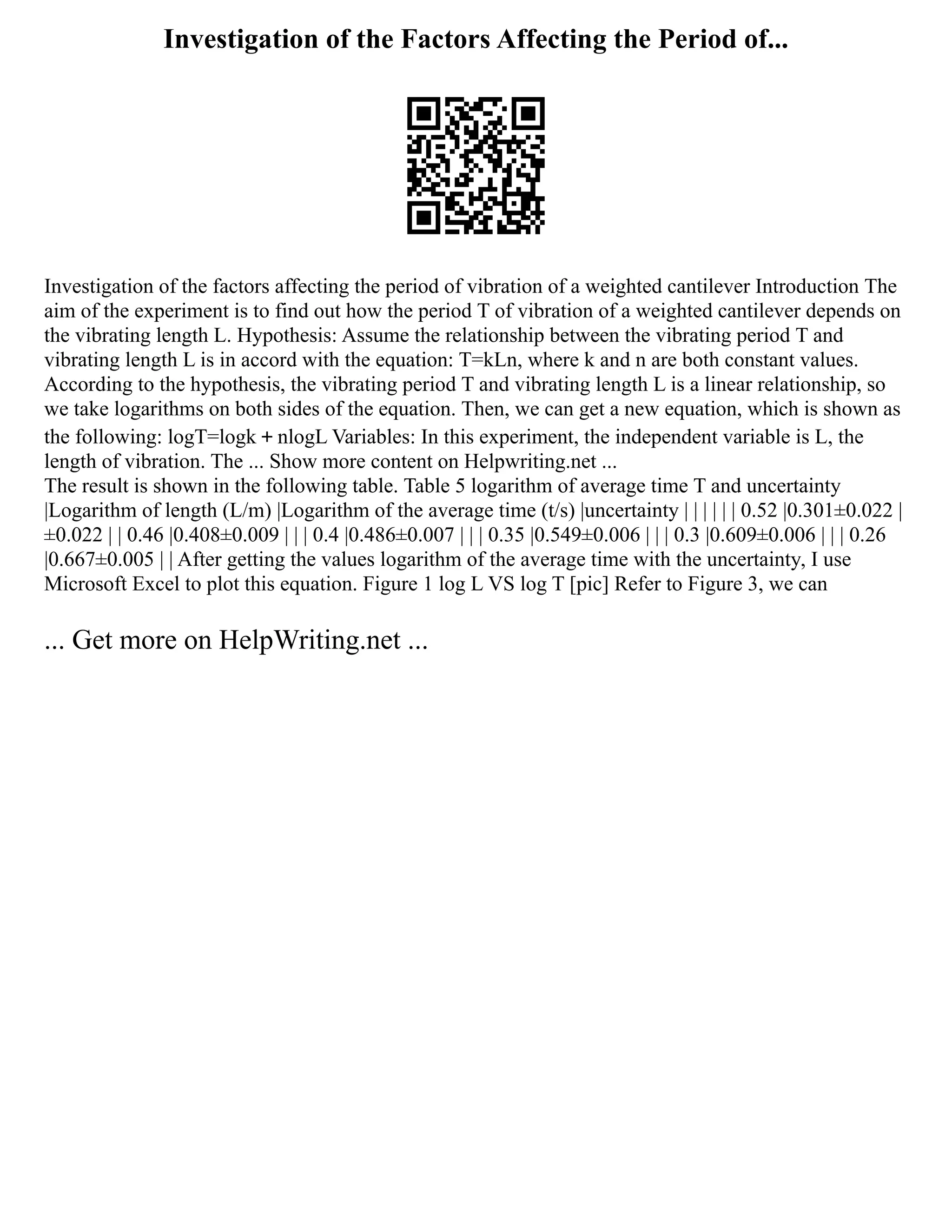 Investigation of the Factors Affecting the Period of...
Investigation of the factors affecting the period of vibration of a weighted cantilever Introduction The
aim of the experiment is to find out how the period T of vibration of a weighted cantilever depends on
the vibrating length L. Hypothesis: Assume the relationship between the vibrating period T and
vibrating length L is in accord with the equation: T=kLn, where k and n are both constant values.
According to the hypothesis, the vibrating period T and vibrating length L is a linear relationship, so
we take logarithms on both sides of the equation. Then, we can get a new equation, which is shown as
the following: logT=logk＋nlogL Variables: In this experiment, the independent variable is L, the
length of vibration. The ... Show more content on Helpwriting.net ...
The result is shown in the following table. Table 5 logarithm of average time T and uncertainty
|Logarithm of length (L/m) |Logarithm of the average time (t/s) |uncertainty | | | | | | 0.52 |0.301±0.022 |
±0.022 | | 0.46 |0.408±0.009 | | | 0.4 |0.486±0.007 | | | 0.35 |0.549±0.006 | | | 0.3 |0.609±0.006 | | | 0.26
|0.667±0.005 | | After getting the values logarithm of the average time with the uncertainty, I use
Microsoft Excel to plot this equation. Figure 1 log L VS log T [pic] Refer to Figure 3, we can
... Get more on HelpWriting.net ...
 