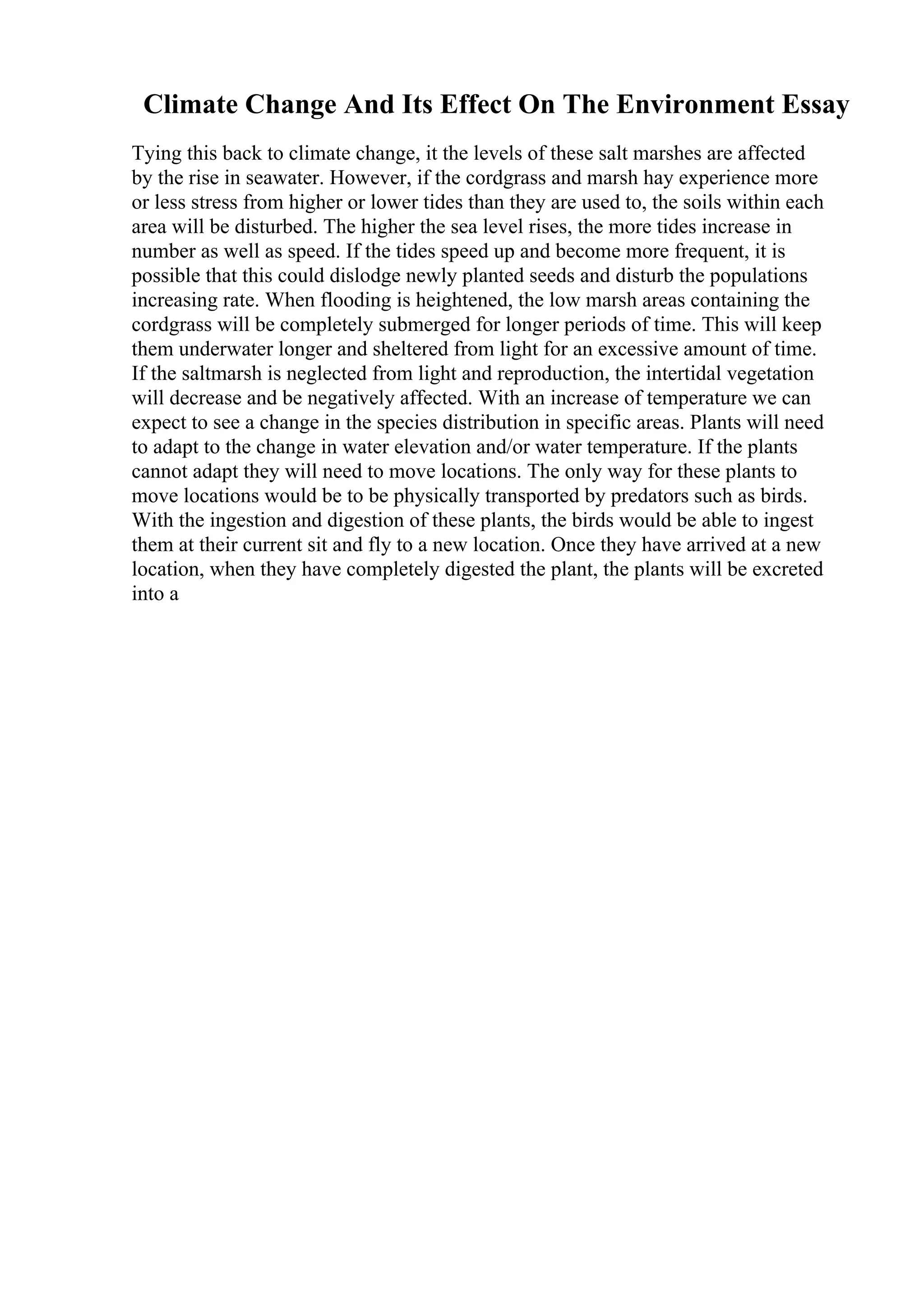 Climate Change And Its Effect On The Environment Essay
Tying this back to climate change, it the levels of these salt marshes are affected
by the rise in seawater. However, if the cordgrass and marsh hay experience more
or less stress from higher or lower tides than they are used to, the soils within each
area will be disturbed. The higher the sea level rises, the more tides increase in
number as well as speed. If the tides speed up and become more frequent, it is
possible that this could dislodge newly planted seeds and disturb the populations
increasing rate. When flooding is heightened, the low marsh areas containing the
cordgrass will be completely submerged for longer periods of time. This will keep
them underwater longer and sheltered from light for an excessive amount of time.
If the saltmarsh is neglected from light and reproduction, the intertidal vegetation
will decrease and be negatively affected. With an increase of temperature we can
expect to see a change in the species distribution in specific areas. Plants will need
to adapt to the change in water elevation and/or water temperature. If the plants
cannot adapt they will need to move locations. The only way for these plants to
move locations would be to be physically transported by predators such as birds.
With the ingestion and digestion of these plants, the birds would be able to ingest
them at their current sit and fly to a new location. Once they have arrived at a new
location, when they have completely digested the plant, the plants will be excreted
into a
 
