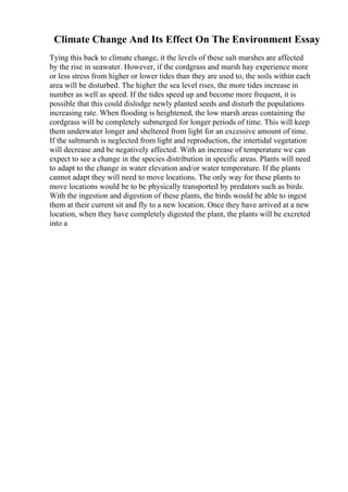 Climate Change And Its Effect On The Environment Essay
Tying this back to climate change, it the levels of these salt marshes are affected
by the rise in seawater. However, if the cordgrass and marsh hay experience more
or less stress from higher or lower tides than they are used to, the soils within each
area will be disturbed. The higher the sea level rises, the more tides increase in
number as well as speed. If the tides speed up and become more frequent, it is
possible that this could dislodge newly planted seeds and disturb the populations
increasing rate. When flooding is heightened, the low marsh areas containing the
cordgrass will be completely submerged for longer periods of time. This will keep
them underwater longer and sheltered from light for an excessive amount of time.
If the saltmarsh is neglected from light and reproduction, the intertidal vegetation
will decrease and be negatively affected. With an increase of temperature we can
expect to see a change in the species distribution in specific areas. Plants will need
to adapt to the change in water elevation and/or water temperature. If the plants
cannot adapt they will need to move locations. The only way for these plants to
move locations would be to be physically transported by predators such as birds.
With the ingestion and digestion of these plants, the birds would be able to ingest
them at their current sit and fly to a new location. Once they have arrived at a new
location, when they have completely digested the plant, the plants will be excreted
into a
 