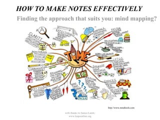 HOW TO MAKE NOTES EFFECTIVELY
Finding the approach that suits you: mind mapping?




                                              http://www.mindtools.com

                 with thanks to James Lamb;
                    www.leapsonline.org
 