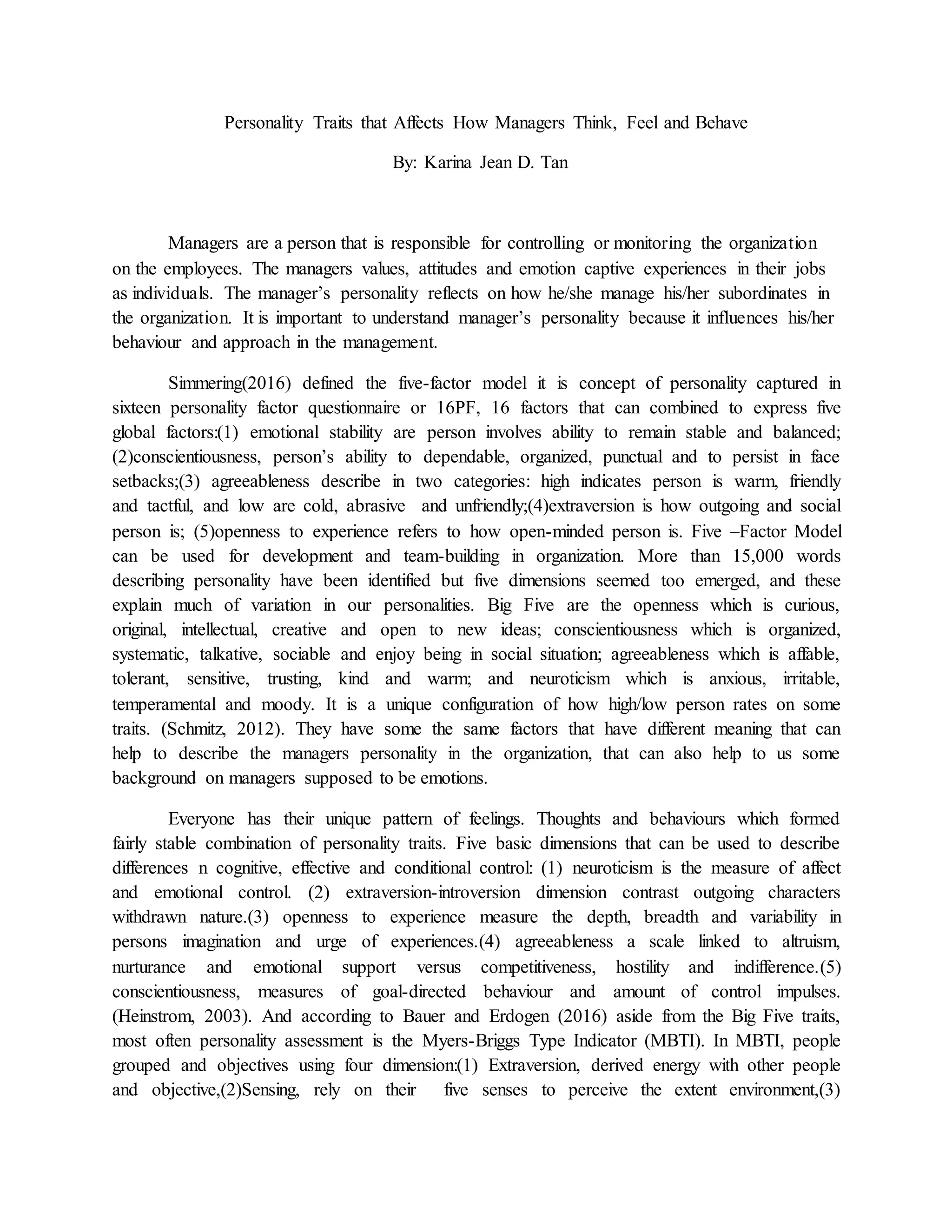 Personality Traits that Affect How Managers Think, Feel, and Behave | PDF