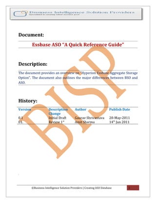 Document:
          Essbase ASO “A Quick Reference Guide”


Description:
The document provides an overview on “Hyperion Essbase Aggregate Storage
Option”. The document also outlines the major differences between BSO and
ASO.




History:
Version                Description           Author                      Publish Date
                       Change
0.1                    Initial Draft         Gaurav Shrivastava          28-May-2011
01.                    Review 1st            Amit Sharma                 14th Jun 2011




.




          ©Business Intelligence Solution Providers | Creating ASO Database          1
 