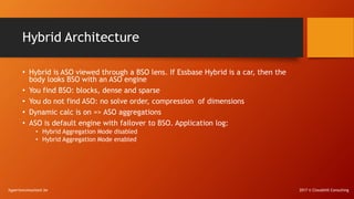 Hybrid Architecture
• Hybrid is ASO viewed through a BSO lens. If Essbase Hybrid is a car, then the
body looks BSO with an...