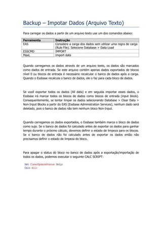 Backup – Impotar Dados (Arquivo Texto)
Para carregar os dados a partir de um arquivo texto use um dos comandos abaixo:

Ferramenta             Instrução
EAS                    Considere a carga dos dados sem utilizar uma regra de carga
                       (Rule File). Selecione Database > Data Load
ESSCMD                 IMPORT
MaxL                   Import data


Quando carregamos os dados através de um arquivo texto, os dados são marcados
como dados de entrada. Se este arquivo contém apenas dados exportados de blocos
nível 0 ou blocos de entrada é necessário recalcular o banco de dados após a carga.
Quando o Essbase recalcula o banco de dados, ele o faz para cada bloco de dados.



Se você exportar todos os dados (All data) e em seguida importar esses dados, o
Essbase irá marcar todos os blocos de dados como blocos de entrada (input block).
Consequentemente, se tentar limpar os dados selecionando Database > Clear Data >
Non-Input Blocks a partir do EAS (Essbase Administration Services), nenhum dado será
deletado, pois o banco de dados não tem nenhum bloco Non-Input.



Quando carregamos os dados exportados, o Essbase também marca o bloco de dados
como sujo. Se o banco de dados foi calculado antes de exportar os dados para ganhar
tempo durante o próximo cálculo, devemos definir o estado de limpeza para os blocos.
Se o banco de dados não foi calculado antes de exportar os dados então não
precisamos definir o estado de limpeza do bloco.



Para apagar o status do bloco no banco de dados após a exportação/importação de
todos os dados, podemos executar o seguinte CALC SCRIPT:
 