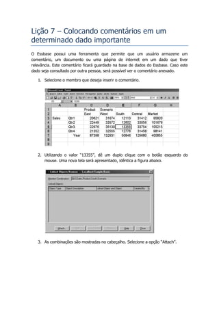 Lição 7 – Colocando comentários em um
determinado dado importante
O Essbase possui uma ferramenta que permite que um usuário armazene um
comentário, um documento ou uma página de internet em um dado que tiver
relevância. Este comentário ficará guardado na base de dados do Essbase. Caso este
dado seja consultado por outra pessoa, será possível ver o comentário anexado.

   1. Selecione o membro que deseja inserir o comentário.




   2. Utilizando o valor “13355”, dê um duplo clique com o botão esquerdo do
      mouse. Uma nova tela será apresentado, idêntica a figura abaixo.




   3. As combinações são mostradas no cabeçalho. Selecione a opção “Attach”.
 