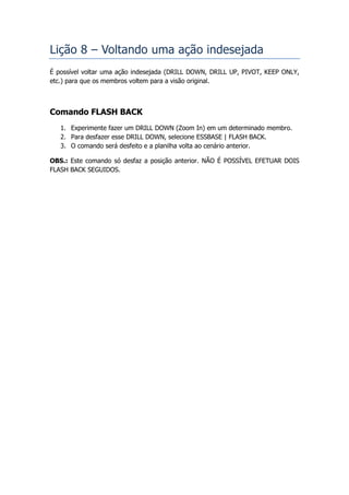 Lição 8 – Voltando uma ação indesejada
É possível voltar uma ação indesejada (DRILL DOWN, DRILL UP, PIVOT, KEEP ONLY,
etc.) para que os membros voltem para a visão original.



Comando FLASH BACK
   1. Experimente fazer um DRILL DOWN (Zoom In) em um determinado membro.
   2. Para desfazer esse DRILL DOWN, selecione ESSBASE | FLASH BACK.
   3. O comando será desfeito e a planilha volta ao cenário anterior.

OBS.: Este comando só desfaz a posição anterior. NÃO É POSSÍVEL EFETUAR DOIS
FLASH BACK SEGUIDOS.
 