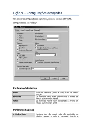 Lição 9 – Configurações avançadas
Para acessar as configurações de suplemento, selecione ESSBASE | OPTIONS.

Configurações da Aba “Display”.




Parâmetro Identation
None                         Todos os membros (parent e child) ficam na mesma
                             posição.
Subitems                     Os membros Child ficam posicionados a frente em
                             relação a um membro Parent.
Totals                       Os membros Parent ficam posicionados a frente em
                             relação a um membro Child.



Parâmetro Supress
#Missing Rows                Membros que não possuir valor são suprimidos do
                             relatório quando o dado é carregado (usando o
 