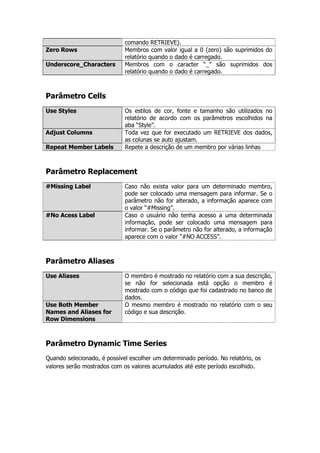 comando RETRIEVE).
Zero Rows                    Membros com valor igual a 0 (zero) são suprimidos do
                             relatório quando o dado é carregado.
Underscore_Characters        Membros com o caracter “_” são suprimidos dos
                             relatório quando o dado é carregado.



Parâmetro Cells
Use Styles                   Os estilos de cor, fonte e tamanho são utilizados no
                             relatório de acordo com os parâmetros escolhidos na
                             aba “Style”.
Adjust Columns               Toda vez que for executado um RETRIEVE dos dados,
                             as colunas se auto ajustam.
Repeat Member Labels         Repete a descrição de um membro por várias linhas



Parâmetro Replacement
#Missing Label               Caso não exista valor para um determinado membro,
                             pode ser colocado uma mensagem para informar. Se o
                             parâmetro não for alterado, a informação aparece com
                             o valor “#Missing”.
#No Acess Label              Caso o usuário não tenha acesso a uma determinada
                             informação, pode ser colocado uma mensagem para
                             informar. Se o parâmetro não for alterado, a informação
                             aparece com o valor “#NO ACCESS”.



Parâmetro Aliases
Use Aliases                  O membro é mostrado no relatório com a sua descrição,
                             se não for selecionada está opção o membro é
                             mostrado com o código que foi cadastrado no banco de
                             dados.
Use Both Member              O mesmo membro é mostrado no relatório com o seu
Names and Aliases for        código e sua descrição.
Row Dimensions



Parâmetro Dynamic Time Series
Quando selecionado, é possível escolher um determinado período. No relatório, os
valores serão mostrados com os valores acumulados até este período escolhido.
 