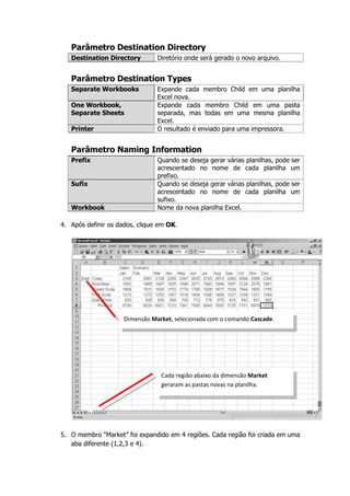 Parâmetro Destination Directory
   Destination Directory        Diretório onde será gerado o novo arquivo.


   Parâmetro Destination Types
   Separate Workbooks           Expande cada membro Child em uma planilha
                                Excel nova.
   One Workbook,                Expande cada membro Child em uma pasta
   Separate Sheets              separada, mas todas em uma mesma planilha
                                Excel.
   Printer                      O resultado é enviado para uma impressora.


   Parâmetro Naming Information
   Prefix                       Quando se deseja gerar várias planilhas, pode ser
                                acrescentado no nome de cada planilha um
                                prefixo.
   Sufix                        Quando se deseja gerar várias planilhas, pode ser
                                acrescentado no nome de cada planilha um
                                sufixo.
   Workbook                     Nome da nova planilha Excel.

4. Após definir os dados, clique em OK.




                     Dimensão Market, selecionada com o comando Cascade.




                                 Cada região abaixo da dimensão Market
                                 geraram as pastas novas na planilha.




5. O membro “Market” foi expandido em 4 regiões. Cada região foi criada em uma
   aba diferente (1,2,3 e 4).
 