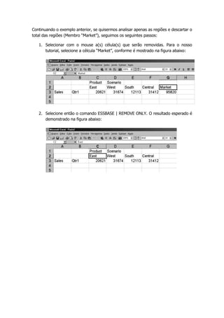Continuando o exemplo anterior, se quisermos analisar apenas as regiões e descartar o
total das regiões (Membro “Market”), seguimos os seguintes passos:

   1. Selecionar com o mouse a(s) célula(s) que serão removidas. Para o nosso
      tutorial, selecione a célcula “Market”, conforme é mostrado na figura abaixo:




   2. Selecione então o comando ESSBASE | REMOVE ONLY. O resultado esperado é
      demonstrado na figura abaixo:
 