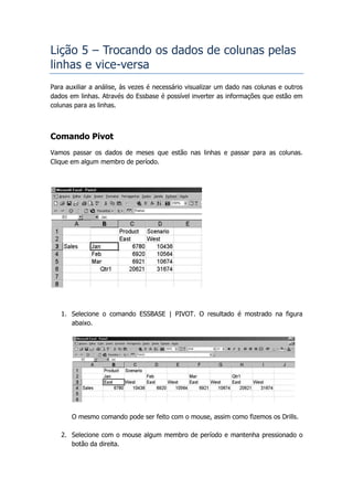 Lição 5 – Trocando os dados de colunas pelas
linhas e vice-versa
Para auxiliar a análise, às vezes é necessário visualizar um dado nas colunas e outros
dados em linhas. Através do Essbase é possível inverter as informações que estão em
colunas para as linhas.



Comando Pivot
Vamos passar os dados de meses que estão nas linhas e passar para as colunas.
Clique em algum membro de período.




   1. Selecione o comando ESSBASE | PIVOT. O resultado é mostrado na figura
      abaixo.




       O mesmo comando pode ser feito com o mouse, assim como fizemos os Drills.

   2. Selecione com o mouse algum membro de período e mantenha pressionado o
      botão da direita.
 