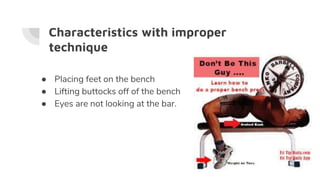 Characteristics with improper
technique
● Placing feet on the bench
● Lifting buttocks off of the bench
● Eyes are not looking at the bar.
 