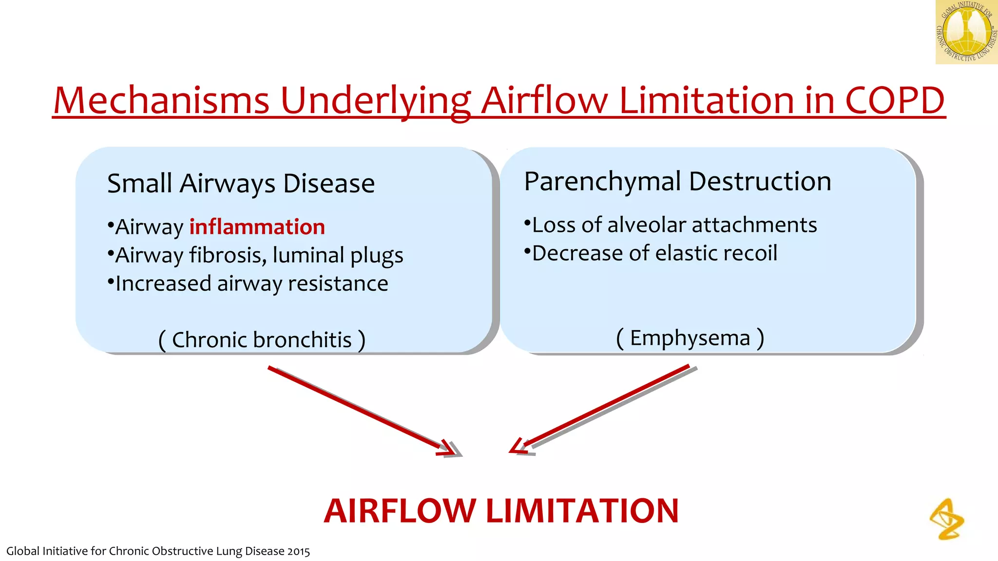 Mechanisms Underlying Airflow Limitation in COPD
Small Airways Disease
•Airway inflammation
•Airway fibrosis, luminal plugs
•Increased airway resistance
          ( Chronic bronchitis )
Parenchymal Destruction
•Loss of alveolar attachments
•Decrease of elastic recoil
                  ( Emphysema )
AIRFLOW LIMITATION
Global Initiative for Chronic Obstructive Lung Disease 2015
 