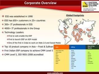 Corporate Overview
                                                                                                     A SEI CMM Level 5 Company
                                                                                                     ISO 9001 2008 Certified




   ESS was established in 1990
                                                                                  Global Footprints

 ESS has 650+ customers in 25+ countries
 300+ IT professionals in ESS
 4000+ IT professionals in the Group
 Technology Leaders
     First to web enable the ERP
     First to launch ERP on ASP model
     One of the first in India to work on Web 2.0 and Social Media

 Top 10 product company in Asia – Frost & Sullivan          Asia                     Africa
                                                                                                             Rest of the
                                                                                                             World
 First Indian ERP company to achieve CMM Level 5            India, Noida (HQ )       Kenya
                                                             Saudi Arabia             Uganda                 USA

 CMM Level 5, ISO 9001:2008 accredited
                                                             UAE                      Tanzania               France
                                                             Oman                     Ethiopia               Sweden
                                                             Qatar                    DRC                    Mexico
                                                             Kuwait                   Botswana               Colombia
                                                             Indonesia                South Africa           Peru
                                                             China                    Namibia                El Salvador
                                                             Japan                    Ghana                  Gauetamala
                                                                                      Nigeria
                                                                                      Ivory Coast
                                                                                      Libya



                                                   www.essindia.com
 