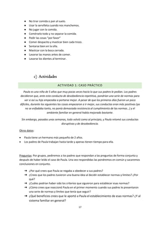 17
● No tirar comida o pan al suelo.
● Usar la servilleta cuando nos manchemos.
● No jugar con la comida.
● Comérselo todo y no separar la comida.
● Pedir las cosas “por favor”
● Comer despacito y masticar bien cada trozo.
● Sentarse bien en la silla.
● Masticar con la boca cerrada.
● Lavarse las manos antes de comer.
● Lavarse los dientes al terminar.
c) Actividades
ACTIVIDAD 1: CASO PRÁCTICO
Paula es una niña de 5 años que muy pocas veces hacía lo que sus padres le pedían. Los padres
decidieron que, ante esta conducta de desobediencia repetitiva, pondrían una serie de normas para
ver si así su hija empezaba a portarse mejor. A pesar de que los primeros días fueron un poco
difíciles, durante los siguientes las cosas empezaron a ir mejor, sus conductas eran más positivas (ya
no se enfadaba tanto, no ponía demasiada resistencia al cumplimiento de las normas…) y el
ambiente familiar en general había mejorado bastante.
Sin embargo, pasadas unas semanas, todo volvió como al principio, y Paula retomó sus conductas
disruptivas y de desobediencia.
Otros datos:
 Paula tiene un hermano más pequeño de 2 años.
 Los padres de Paula trabajan hasta tarde y apenas tienen tiempo para ella.
Preguntas: Por grupos, pediremos a los padres que respondan a las preguntas de forma conjunta y
después de haber leído el caso de Paula. Una vez respondidas las pondremos en común y sacaremos
conclusiones en conjunto.
➔ ¿Por qué crees que Paula se negaba a obedecer a sus padres?
➔ ¿Crees que los padres tuvieron una buena idea al decidir establecer normas y límites? ¿Por
qué?
➔ ¿Cuáles podrían haber sido los criterios que siguieron para establecer esas normas?
➔ ¿Cómo crees que reaccionó Paula en el primer momento cuando sus padres le presentaron
una serie de normas y límites que tenía que seguir?
➔ ¿Qué beneficios crees que le aportó a Paula el establecimiento de esas normas? ¿Y al
sistema familiar en general?
 