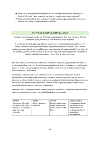 18
➔ ¿Qué crees que pudo haber sido lo que falló en el establecimiento de normas y
límites? ¿Por qué Paula volvió de nuevo a sus conductas de desobediencia?
➔ ¿Qué consejos les darías a los padres de Paula para que consiguieran establecer una buena
relación con Paula y un ambiente familiar positivo?
ACTIVIDAD 2: PIENSO, SIENTO, ACTÚO
Vamos a imaginarnos que nuestro hijo de 4 años nunca obedece ni hace caso a lo que le decimos.
Actúa como quiere, haciendo en cada momento lo que le apetece.
Es un niño que presenta algunos problemas sociales (no se relaciona con sus compañeros en el
colegio, no muestra interés por hacer amigos, se pasa la mayor parte del recreo solo…) y como
padres, tenemos miedo de que si le obligamos a hacer cosas que él no quiere también se sentirá mal
en el entorno familiar. Tenemos miedo de que lo pase mal, así que pasamos por alto sus rabietas y
desafíos, dejándole muchas veces que al final se salga con la suya.
Para esta actividad pediremos a los padres que también en pequeños grupos diseñen dos tablas. La
primera poniéndose en el caso de que hubieran decidido quitarle las normas y límites a su hijo para
que no se sintiera peor, y la segunda en el caso de haber continuado con la dinámica de normas y
límites como hasta el momento.
El objetivo de esta actividad es que las familias se den cuenta como muchas veces nuestros
pensamientos (basados en el desconocimiento o en ideas equivocadas) son los que nos llevan a
actuar de una determinada forma, que muchas veces produce el efecto contrario del que queríamos;
en este caso, no mejora la situación del niño sino que elimina algo que ayudaba al pequeño y al
sistema familiar (las normas y los límites establecidos).
La primera tabla la haremos nosotros para que entiendan la dinámica y puedan proponer ellos otros
casos de pensamientos (erróneos y acertados) basándose en el modelo:
PIENSO SIENTO ACTÚO CONSECUENCIAS
Pienso que si le quito
las normas por un día a
mi hijo se va a relajar y
va a estar más
contento.
Alivio, esperanza,
inquietud
Le quito las normas y
le dejo hacer lo que
quiera para que esté
feliz.
El niño sigue estando
mal a pesar de no
tener normas. De
hecho, se siente más
confundido y
desorientado.
 