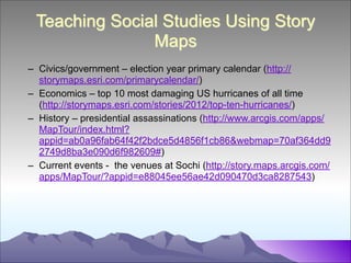 Teaching Social Studies Using Story
Maps
– Civics/government – election year primary calendar (http://
storymaps.esri.com/primarycalendar/)
– Economics – top 10 most damaging US hurricanes of all time
(http://storymaps.esri.com/stories/2012/top-ten-hurricanes/)
– History – presidential assassinations (http://www.arcgis.com/apps/
MapTour/index.html?
appid=ab0a96fab64f42f2bdce5d4856f1cb86&webmap=70af364dd9
2749d8ba3e090d6f982609#)
– Current events - the venues at Sochi (http://story.maps.arcgis.com/
apps/MapTour/?appid=e88045ee56ae42d090470d3ca8287543)

 