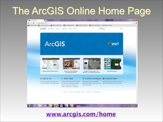 The ArcGIS Online Home Page

www.arcgis.com/home

 
