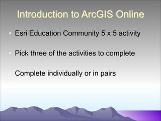 Introduction to ArcGIS Online
• Esri Education Community 5 x 5 activity
!

• Pick three of the activities to complete
!

• Complete individually or in pairs

 