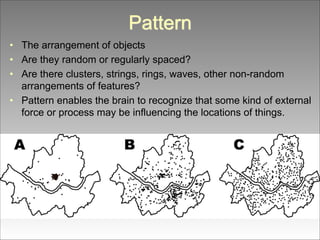 Pattern
• The arrangement of objects
• Are they random or regularly spaced?
• Are there clusters, strings, rings, waves, other non-random
arrangements of features?
• Pattern enables the brain to recognize that some kind of external
force or process may be influencing the locations of things.

 