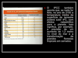 O IPCC também aponta que, se nada for feito, no ano de 2100 a temperatura média da superfície da terrestre poderá subir 4ºC, com efeitos catastrófico para o planeta. Isso significa, por exemplo, a previsão de um aumento de 1,2 metro no nível do mar e a transformação de grandes florestas tropicais em cerrados. 
