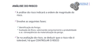 ANÁLISE DO RISCO
A análise do risco indicará a ordem de magnitude do
risco.
Envolve as seguintes fases:
Identificação do Perigo;
Avaliação do Risco, valorizando conjuntamente a probabilidade
e as conseqüências da materialização do perigo.
Se na avaliação do risco, se deduzir que o risco não é
tolerável, há que CONTROLAR O RISCO
 
