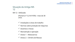 Situação da Antiga NR-
12
NR 12 – Defasada
(Portaria nº 3.214/1978) – mais de 30
anos
 Instalações e áreas de trabalho
 Normas sobre proteção de máquinas
 Assentos e mesas
 Manutenção e operação
 Anexo 1 – Motosserras
 Anexo 2 – Cilindro de Massas
 