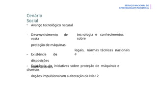 Cenário
Social
- Avanço tecnológico natural
- Desenvolvimento de
vasta
proteção de máquinas
- Existência de
disposições
internacionais
tecnologia e conhecimentos
sobre
legais, normas técnicas nacionais
e
- Existência de iniciativas sobre proteção de máquinas e
diversos
órgãos impulsionaram a alteração da NR-12
 