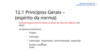 12.1 Princípios Gerais –
(espírito da norma)
Garantir segurança em todas as fases de vida da máquina em
todos
os setores econômicos:
- Projeto
- Utilização
- Fabricação
,
importação, comercialização, exposição
e
cessão a qualquer
titulo
 
