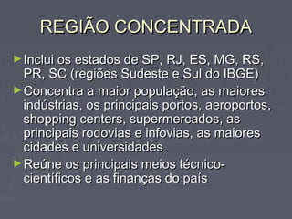 REGIÃO CONCENTRADAREGIÃO CONCENTRADA
►Inclui os estados de SP, RJ, ES, MG, RS,Inclui os estados de SP, RJ, ES, MG, RS,
PR, SC (regiões Sudeste e Sul do IBGE)PR, SC (regiões Sudeste e Sul do IBGE)
►Concentra a maior população, as maioresConcentra a maior população, as maiores
indústrias, os principais portos, aeroportos,indústrias, os principais portos, aeroportos,
shopping centers, supermercados, asshopping centers, supermercados, as
principais rodovias e infovias, as maioresprincipais rodovias e infovias, as maiores
cidades e universidadescidades e universidades
►Reúne os principais meios técnico-Reúne os principais meios técnico-
científicos e as finanças do paíscientíficos e as finanças do país
 