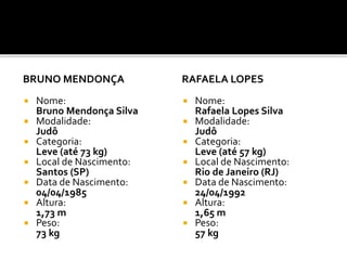 BRUNO MENDONÇA
 Nome:
Bruno Mendonça Silva
 Modalidade:
Judô
 Categoria:
Leve (até 73 kg)
 Local de Nascimento:
Santos (SP)
 Data de Nascimento:
04/04/1985
 Altura:
1,73 m
 Peso:
73 kg
RAFAELA LOPES
 Nome:
Rafaela Lopes Silva
 Modalidade:
Judô
 Categoria:
Leve (até 57 kg)
 Local de Nascimento:
Rio de Janeiro (RJ)
 Data de Nascimento:
24/04/1992
 Altura:
1,65 m
 Peso:
57 kg
 