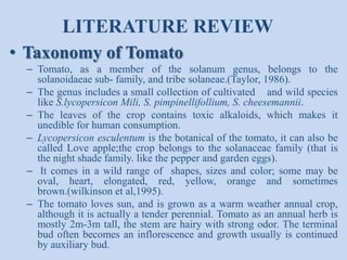 LITERATURE REVIEW
• Taxonomy of Tomato
– Tomato, as a member of the solanum genus, belongs to the
solanoidaeae sub- family, and tribe solaneae.(Taylor, 1986).
– The genus includes a small collection of cultivated and wild species
like S.lycopersicon Mili, S. pimpinellifollium, S. cheesemannii.
– The leaves of the crop contains toxic alkaloids, which makes it
unedible for human consumption.
– Lycopersicon esculentum is the botanical of the tomato, it can also be
called Love apple;the crop belongs to the solanaceae family (that is
the night shade family. like the pepper and garden eggs).
– It comes in a wild range of shapes, sizes and color; some may be
oval, heart, elongated, red, yellow, orange and sometimes
brown.(wilkinson et al,1995).
– The tomato loves sun, and is grown as a warm weather annual crop,
although it is actually a tender perennial. Tomato as an annual herb is
mostly 2m-3m tall, the stem are hairy with strong odor. The terminal
bud often becomes an inflorescence and growth usually is continued
by auxiliary bud.

 