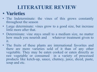 LITERATURE REVIEW
• Varieties
• The Indeterminate: the vines of this grows constantly
throughout the season
• Large determinate: vines grow to a good size, but increase
little more after that.
• Determinate: vine stays small to a medium size, no matter
how much you nourish and
whatever treatment given to
it.
• The fruits of these plants are international favorites and
there are more varieties sold of it than of any other
vegetable. They may be eaten cooked or eaten directly as
raw vegetable or consumed in a variety of processed
products like ketch-up, sauce, chutney, juice, diced, paste,
soup and etc.

 