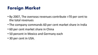 Foreign Market
• By 2007, The overseas revenues contribute >70 per cent to
the total revenues
• The company commands 60 per cent market share in India
• 60 per cent market share in China
• 50 percent in Mexico and Germany each
• 30 per cent in USA.
 