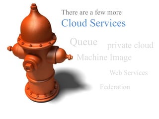 There are a few more
Cloud Services
Machine Image
private cloudQueue
Federation
Web Services
 