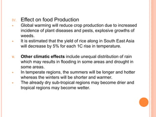 IV. Effect on food Production
 Global warming will reduce crop production due to increased
incidence of plant diseases and pests, explosive growths of
weeds.
 It is estimated that the yield of rice along in South East Asia
will decrease by 5% for each 1C rise in temperature.
V. Other climatic effects include unequal distribution of rain
which may results in flooding in some areas and drought in
some areas.
 In temperate regions, the summers will be longer and hotter
whereas the winters will be shorter and warmer.
 The already dry sub-tropical regions may become drier and
tropical regions may become wetter.
 