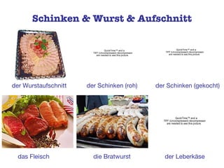 Schinken & Wurst & Aufschnitt der Wurstaufschnitt der Schinken (roh) der Schinken (gekocht) das Fleisch die Bratwurst der Leberkäse 