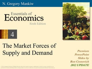 4
The Market Forces of
Supply and Demand
© 2013 Cengage Learning. All Rights Reserved. May not be copied, scanned, or duplicated, in whole or in part, except for use as
permitted in a license distributed with a certain product or service or otherwise on a password-protected website for classroom use.
Premium
PowerPoint
Slides by
Ron Cronovich
2012 UPDATE
N. Gregory Mankiw
Economics
Essentials of
Sixth Edition
 
