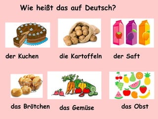 Wie heißt das auf Deutsch?
der Kuchen die Kartoffeln der Saft
das Brötchen das Gemüse das Obst
 