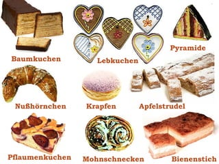 Pyramide
Baumkuchen

Nußhörnchen

Pflaumenkuchen

Lebkuchen

Krapfen

Apfelstrudel

Mohnschnecken

Bienenstich

 