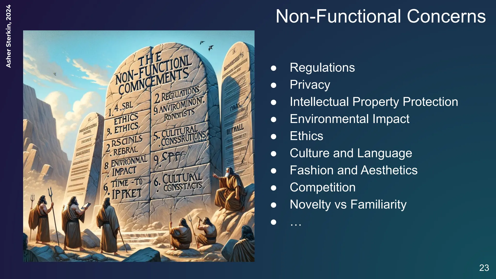 Asher
Sterkin,
2024
Non-Functional Concerns
● Regulations
● Privacy
● Intellectual Property Protection
● Environmental Impact
● Ethics
● Culture and Language
● Fashion and Aesthetics
● Competition
● Novelty vs Familiarity
● …
23
 
