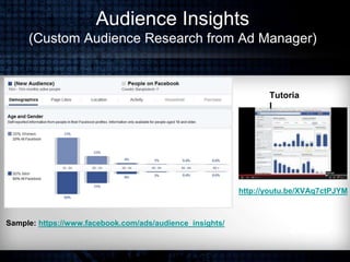 Audience Insights
(Custom Audience Research from Ad Manager)
Sample: https://www.facebook.com/ads/audience_insights/
Tutor...