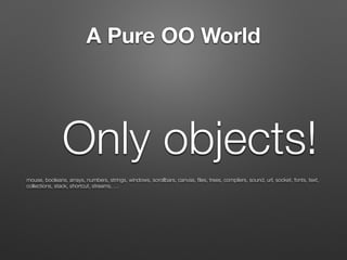 A Pure OO World
Only objects!
mouse, booleans, arrays, numbers, strings, windows, scrollbars, canvas, ﬁles, trees, compile...