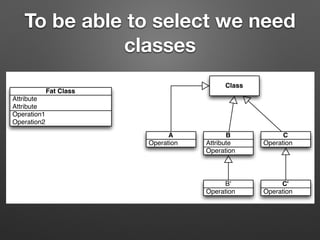 To be able to select we need
classes
Operation1
Operation2
Attribute
Attribute
Fat Class
Class
Operation
A
Operation
B'
Operation
C'
Operation
Attribute
B
Operation
C
Vs.
 