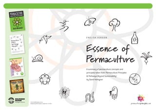 Essence of
Permaculture
A summary of permaculture concepts and
principles taken from ‘Permaculture Principles
& Pathways Beyond Sustainability’
by David Holmgren
E N G L I S H V E R S I O N
Email: info@holmgren.com.au
Designed by Richard Telford. English Ver 7.1 © 2013
 
