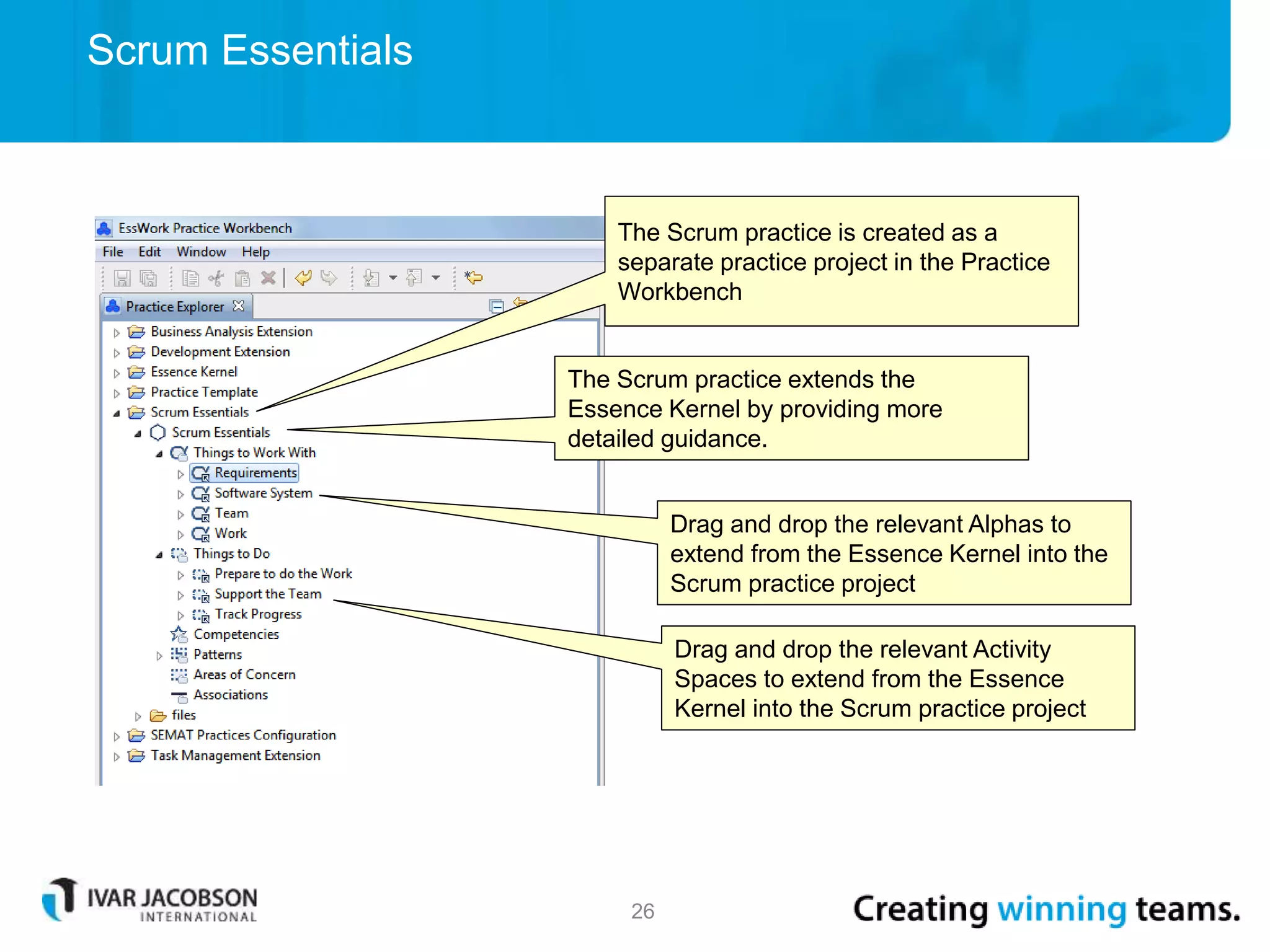 Scrum Essentials
26
The Scrum practice is created as a
separate practice project in the Practice
Workbench
The Scrum practice extends the
Essence Kernel by providing more
detailed guidance.
Drag and drop the relevant Alphas to
extend from the Essence Kernel into the
Scrum practice project
Drag and drop the relevant Activity
Spaces to extend from the Essence
Kernel into the Scrum practice project
 