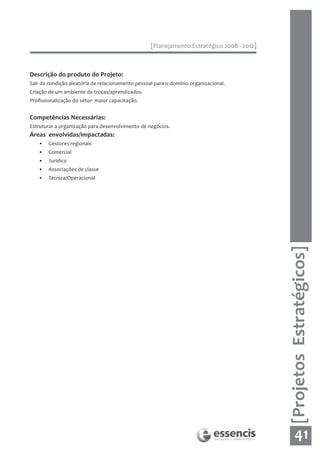 [Planejamento Estratégico 2008 - 2012]



Descrição do produto do Projeto:
Sair da condição aleatória de relacionamento pessoal para o domínio organizacional.
Criação de um ambiente de trocas/aprendizados.
Profissionalização do setor- maior capacitação.


Competências Necessárias:
Estruturar a organização para desenvolvimento de negócios.
Áreas envolvidas/impactadas:
   •    Gestores regionais
   •    Comercial
   •    Jurídico
   •    Associações de classe
   •    Técnica/Operacional




                                                                                            [Projetos Estratégicos]




                                                                                                   41
 