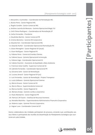 [Planejamento Estratégico 2008 - 2012]




                                                                                                 [Participantes]
1. Alessandro J Guimarães – Coordenador de Remediação MG
2. Aluisio Peres - Gestor Regional MG
3. Ângelo Gondim - Gestor Comercial MG
4. Antônio Lacerda de Menezes - Gerente Operacional Magé / RJ
5. Carla Tolosa Rodriguez – Coordenadora de Remediação SP
6. Carlos Fernandes - Presidente
7. Claudinéia Martins - Gestor Comercial PR
8. Cristina Bertolino - Gerente RH Corporativo
9. Eduardo Ken - Coordenador Operacional MG
10. Eduardo Ruther - Coordenador Operacional Remediação RS
11. Edson Meneghini - Gestor Regional SP (atual)
12. Elson Rodrigues - Gestor Regional RJ
13. Fabiana Perez - Comercial Grandes Clientes
14. Fabiano Souza - Gerente Operacional Incineração
15. Fabiano Zago - Coordenador Operacional SC
16. Fabíola Vizentim – Assistente de Qualidade e Meio Ambiente
17. Francisco César Coelho - Supervisor Comercial SC
18. Gabriela Fernandes - Coordenador Operacional PR
19. Giovanna Setti - Gestor de Remediação
20. Luciano Amaral - Gestor Regional SP (ex)
21. Luis Fernandes - Gestor de Remediação - Projeto Transpetro
22. Luzia Galdeano - Gerente Operacional Caieiras
23. Marcio Krause - Gestor Comercial RJ
24. Marcio Mecca - Superintendente Comercial
25. Marcos Aurélio - Gestor Regional SC
26. Mariana Araújo - Gerente Jurídico corporativo
27. Paulo Mandarino - Gestor Regional PR
28. Patricia G M Fausto – Analista de Recursos Humanos
29. Reinaldo Martinho – Superintendente Administrativo Financeiro Corporativo
30. Roberto Lopes - Gerente Técnico Corporativo
31. Vagner Luna - Coordenador Comercial SP


Outros colaboradores das Unidades participaram do processo, enviando suas contribuições aos
seus líderes e participando das reuniões de disseminação do Planejamento Estratégico que ocor-
reram em cada Unidade.




                                                                                                    06
 
