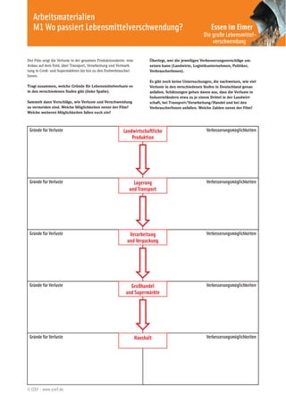 Arbeitsmaterialien
   M1 Wo passiert Lebensmittelverschwendung?                                                                 Essen im Eimer
                                                                                                         Die große Lebensmittel-
                                                                                                             verschwendung

Der Film zeigt die Verluste in der gesamten Produktionskette: vom          Überlegt, wer die jeweiligen Verbesserungsvorschläge um-
Anbau auf dem Feld, über Transport, Verarbeitung und Vermark-              setzen kann (Landwirte, Logistikunternehmen, Politiker,
tung in Groß- und Supermärkten bis hin zu den Endverbraucher-              VerbraucherInnen).
Innen.
                                                                           Es gibt noch keine Untersuchungen, die nachweisen, wie viel
Tragt zusammen, welche Gründe für Lebensmittelverluste es                  Verluste in den verschiedenen Stufen in Deutschland genau
in den verschiedenen Stufen gibt (linke Spalte).                           anfallen. Schätzungen gehen davon aus, dass die Verluste in
                                                                           Industrieländern etwa zu je einem Drittel in der Landwirt-
Sammelt dann Vorschläge, wie Verluste und Verschwendung                    schaft, bei Transport/Verarbeitung/Handel und bei den
zu vermeiden sind. Welche Möglichkeiten nennt der Film?                    VerbraucherInnen anfallen. Welche Zahlen nennt der Film?
Welche weiteren Möglichkeiten fallen euch ein?



 Gründe für Verluste                                      Landwirtschaftliche                             Verbesserungsmöglichkeiten
                                                              Produktion




 Gründe für Verluste                                            Lagerung                                  Verbesserungsmöglichkeiten
                                                              und Transport




 Gründe für Verluste                                          Verarbeitung                                Verbesserungsmöglichkeiten
                                                             und Verpackung




 Gründe für Verluste                                          Großhandel                                  Verbesserungsmöglichkeiten
                                                            und Supermärkte




 Gründe für Verluste                                                Haushalt                              Verbesserungsmöglichkeiten




© EZEF – www.ezef.de
 